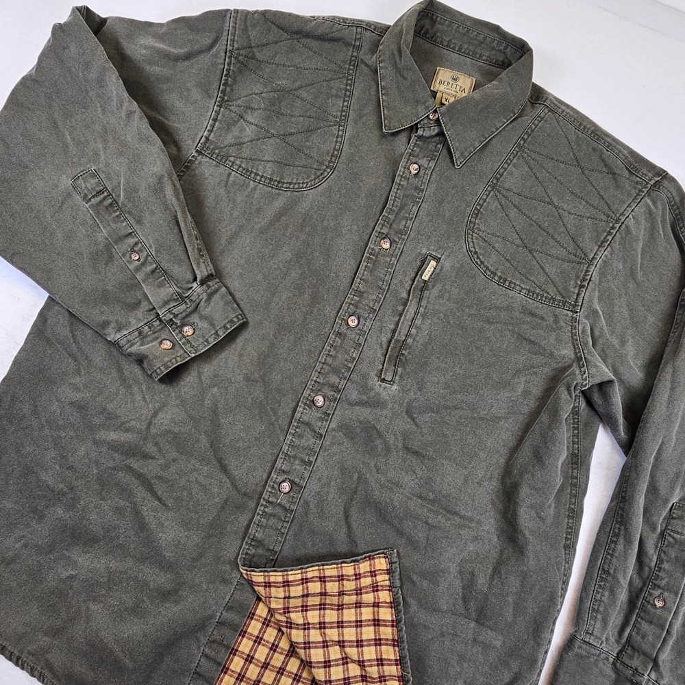 Beretta Mens XL Flannel Lined Shooting Shirt Olive Green Quilted Shoulder Canvas